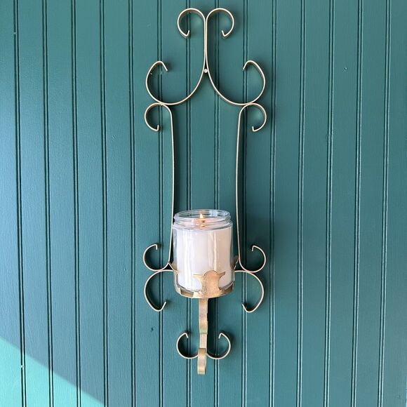Gold Painted Wrought Iron Metal Vintage Wall Sconce Candle Holder Moody Gothic - Picture 1 of 5